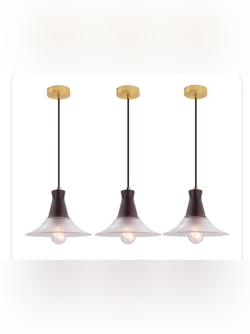 Vintage Farmhouse Glass Pendant Light - Walnut Wood Holder (3 Pack)